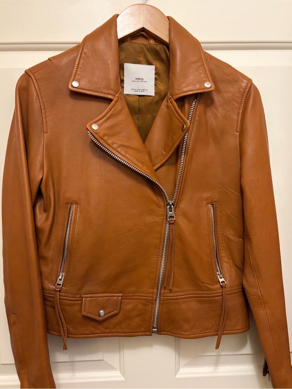 MANGO 100% LEATHER MOTO BIKER JACKET WOMEN, SIZE S